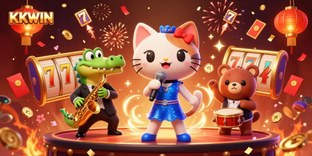 Experience the excitement of KKWIN with vibrant characters at a dynamic casino scene.