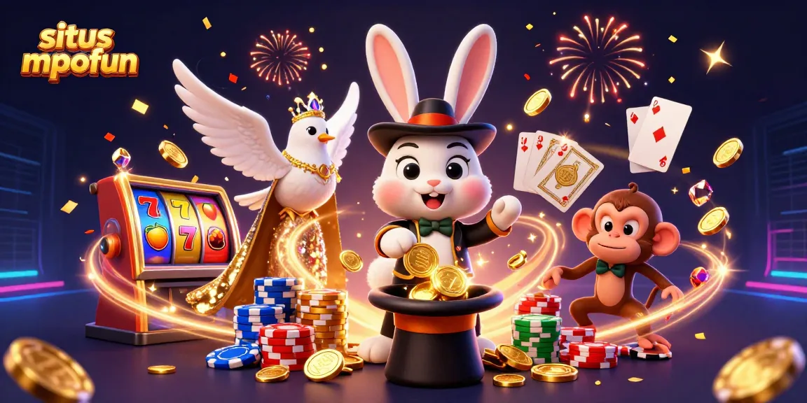 Situs mpofun showcases a vibrant scene with a magician rabbit, dove, and monkey in a thrilling casino illustration.