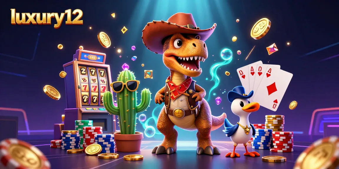 Menghimpun keberuntungan dengan luxury12 dan T-Rex cowboy yang dikelilingi oleh koin emas dan jackpot slot.