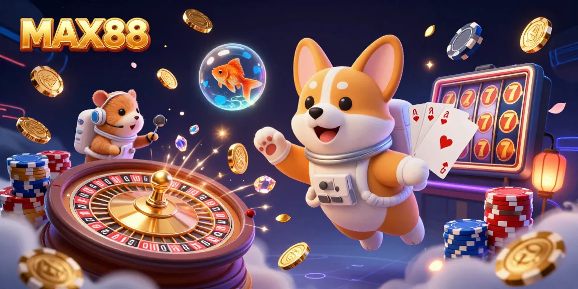 MAX88 casino experience with a floating corgi, hamster, and goldfish amidst thrilling game elements.
