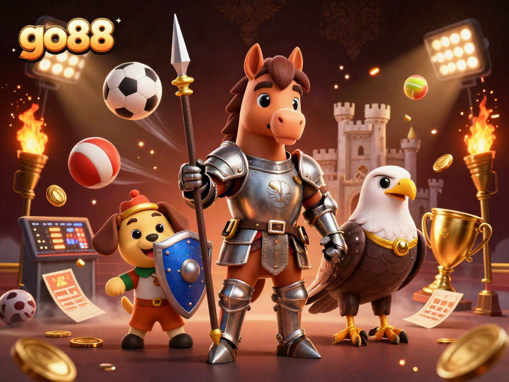 Engage with go88’s thrilling gaming experience featuring a knight, squire, and falcon in action.