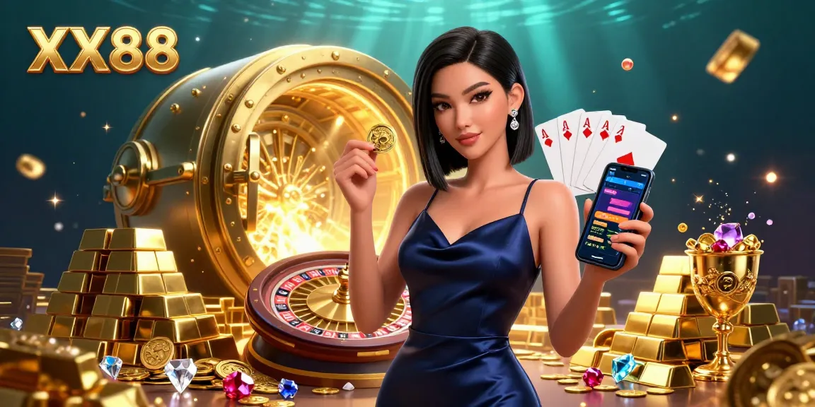 Experience the thrilling XX88 casino with a stunning Asian woman holding a smartphone and golden chip amidst a wealth of treasures.
