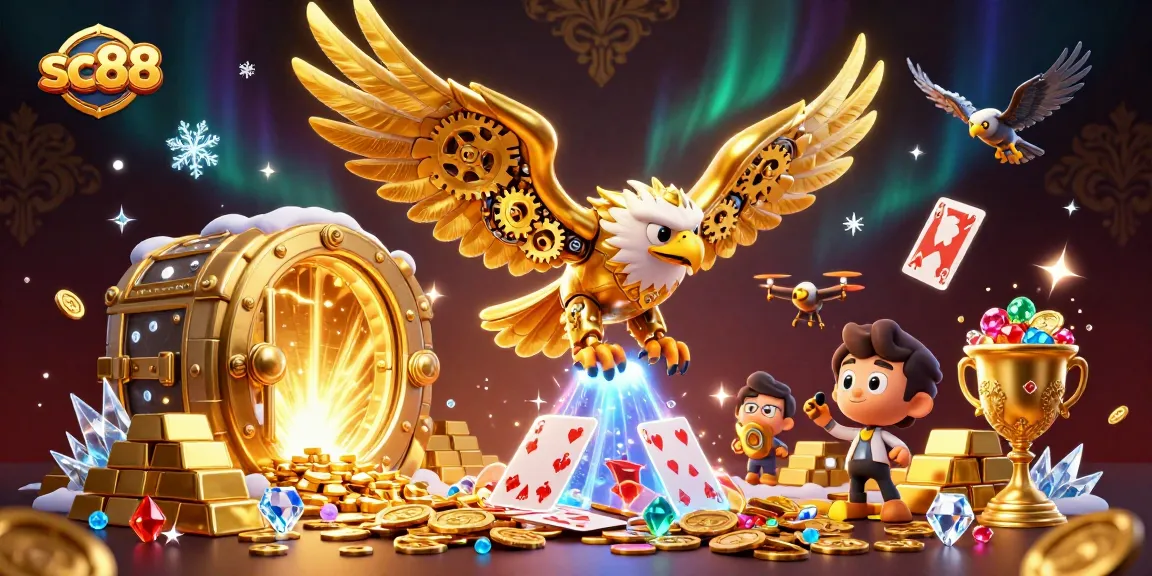 Experience thrilling gameplay at sc88, featuring a golden eagle amidst sparkling treasures and casino excitement.