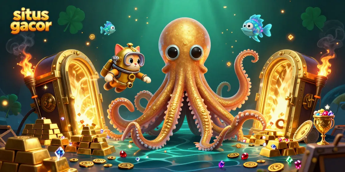 Situs gacor illuminates a thrilling treasure scene with a kraken, diving cat, and deep-sea creatures.