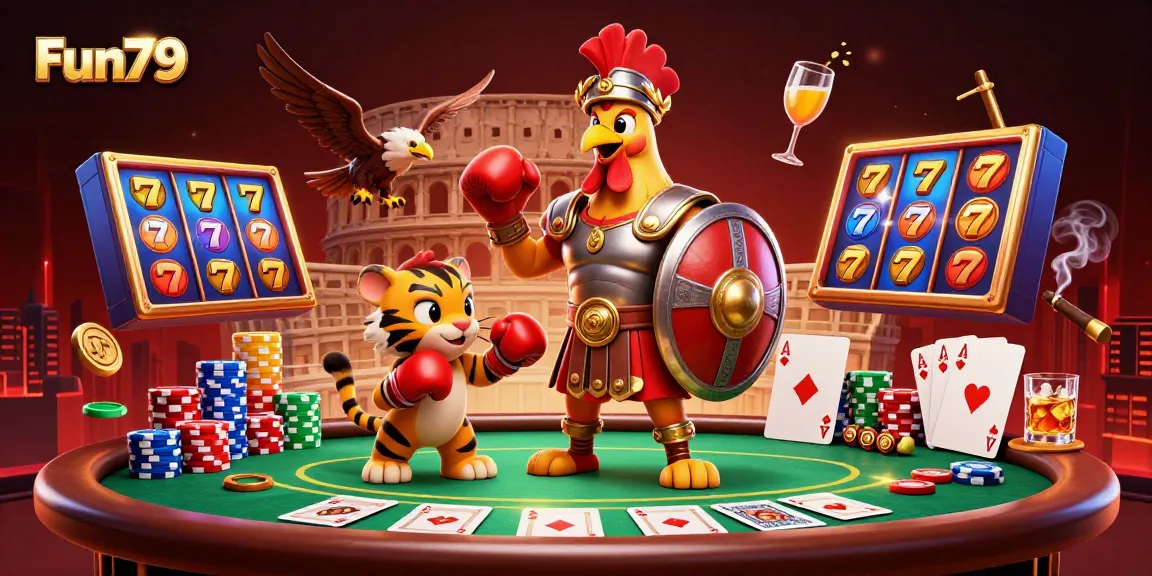 Win big at Fun79 with a vibrant 3D cartoon illustration of exciting gambling elements.