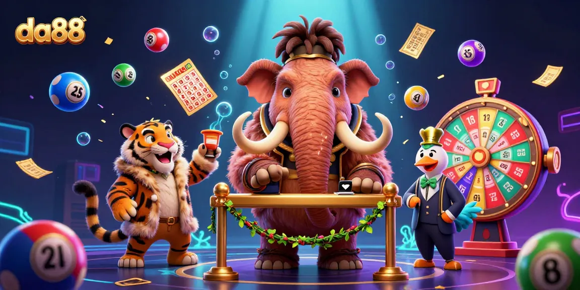 Experience the thrill with da88's exciting casino scene, featuring vibrant lottery elements and unique characters.