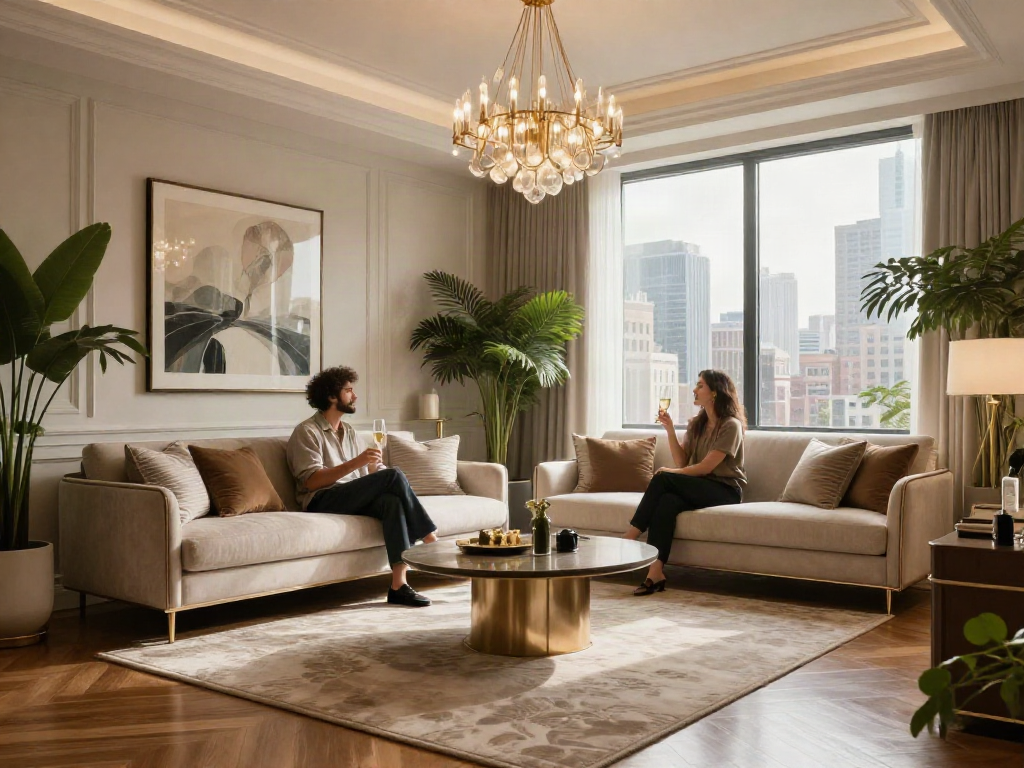 LUXURY 111 menjelajahi desain interior mewah dengan pasangan menikmati suasana kota.