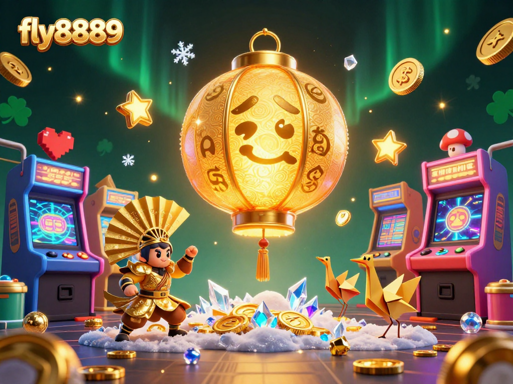 Experience the excitement at fly8889 with a vibrant 3D casino scene featuring lucky symbols and game elements.