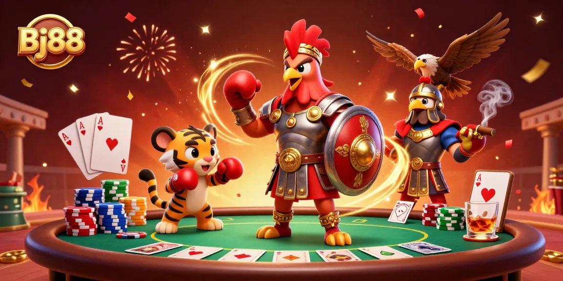 Bet on Bj88 with a 3D cartoon illustration featuring a gladiator rooster and tiger cub in a vibrant casino scene.