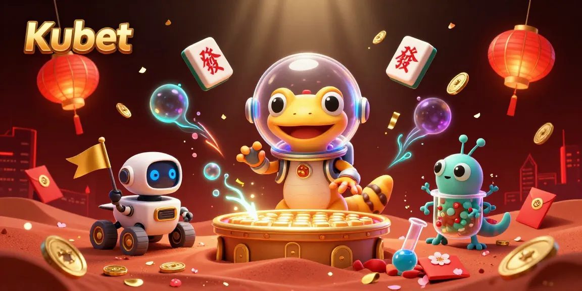 Kubet captures the excitement of online gaming with a vibrant cosmic casino illustration, lively alien characters.