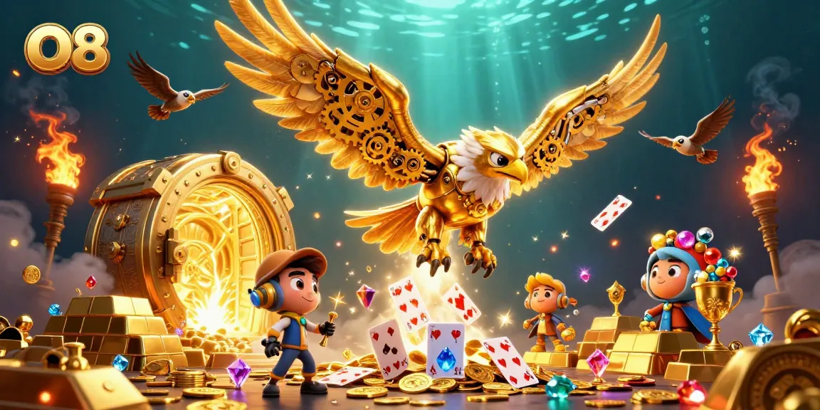 Engage with the excitement of O8's online casino featuring a dynamic cybernetic eagle and treasures.