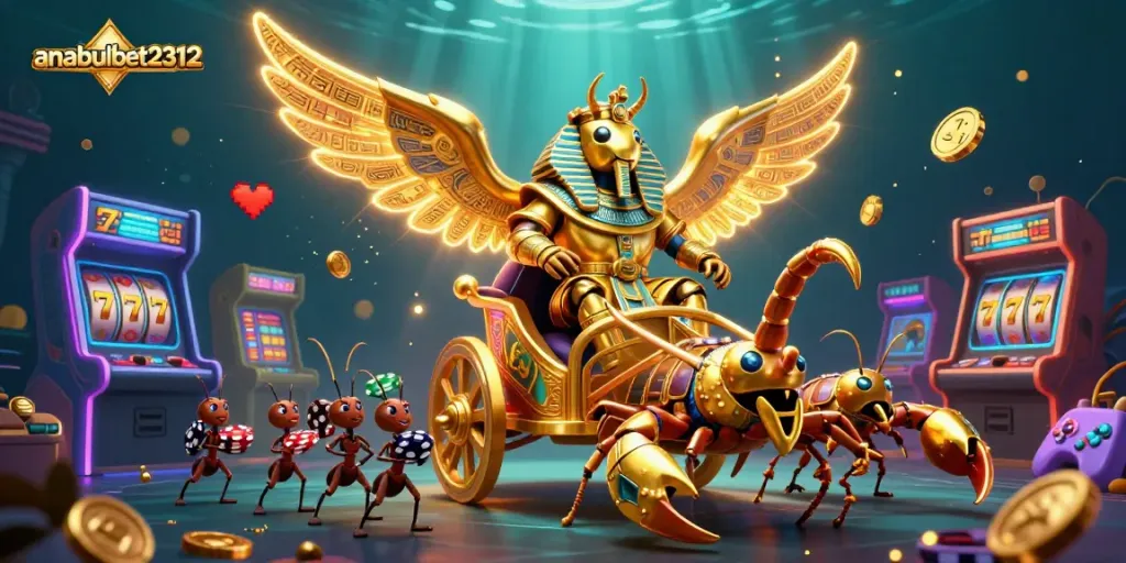 anabulbet2312 mengalahkan jackpot dengan simbol slot berkilau dan karakter lentera, bermain kasino penuh warna.