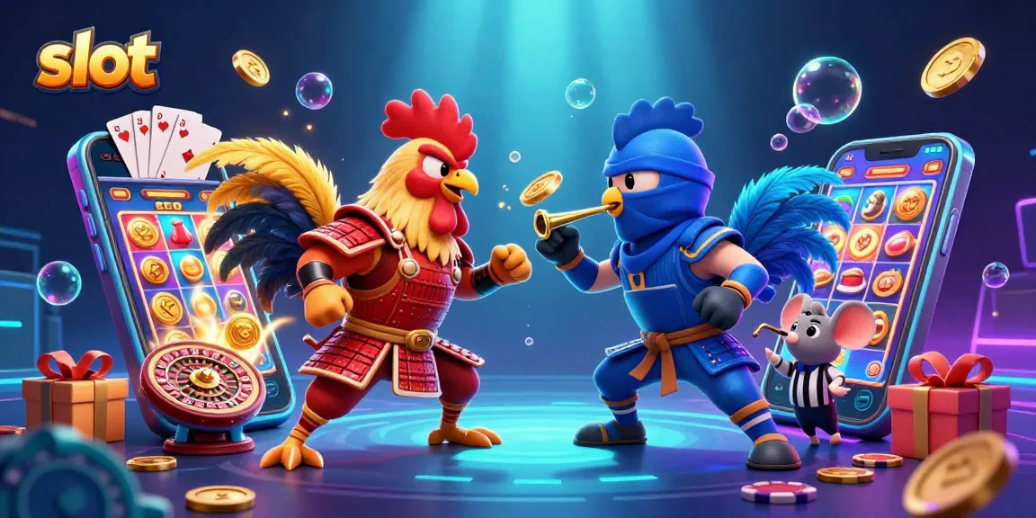 Experience the thrill of slots as twin roosters battle with a vibrant slot game in action.
