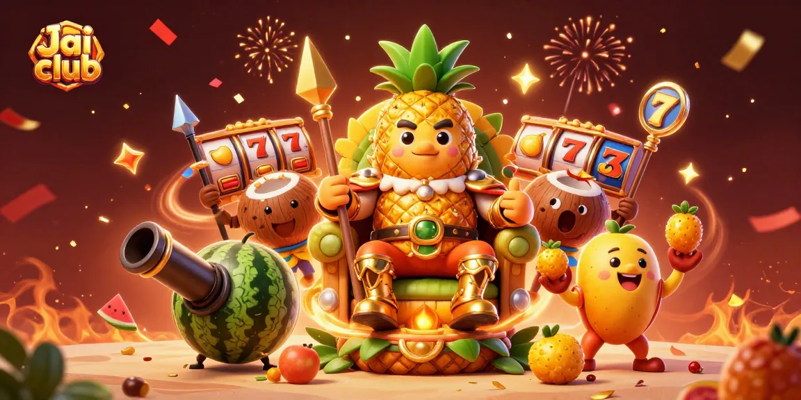 Experience thrilling gameplay at Jai club with our vibrant digital illustration featuring a pineapple king and festive casino elements.