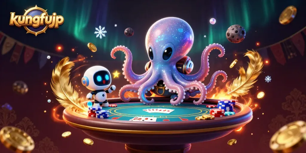 Memenangkan taruhan di KungfuJP dengan poker alien yang menarik dalam ilustrasi 3D yang penuh warna.