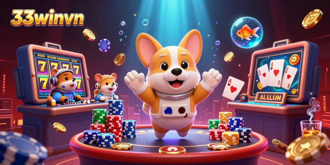 33winvn showcases an astronaut corgi in a space casino, surrounded by floating poker chips and slot reels.
