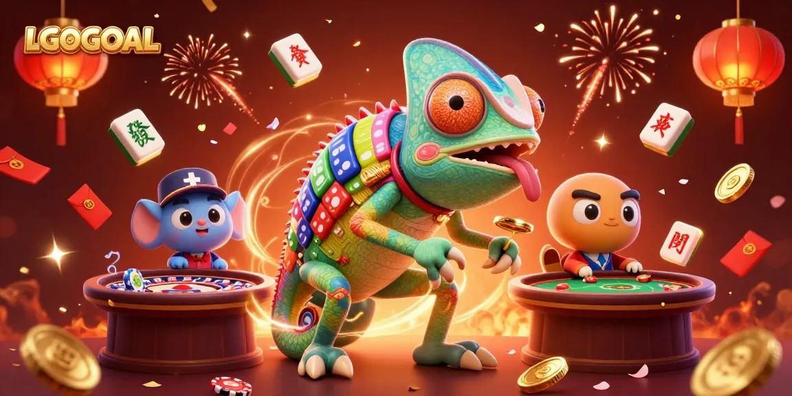 Engage in winning strategies at LGOGOAL, featuring vibrant casino elements and a chameleon owner.