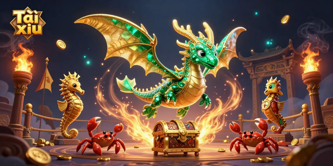 Engage in Tài xỉu betting with an emerald sea dragon and royal seahorses amidst a vibrant casino scene.