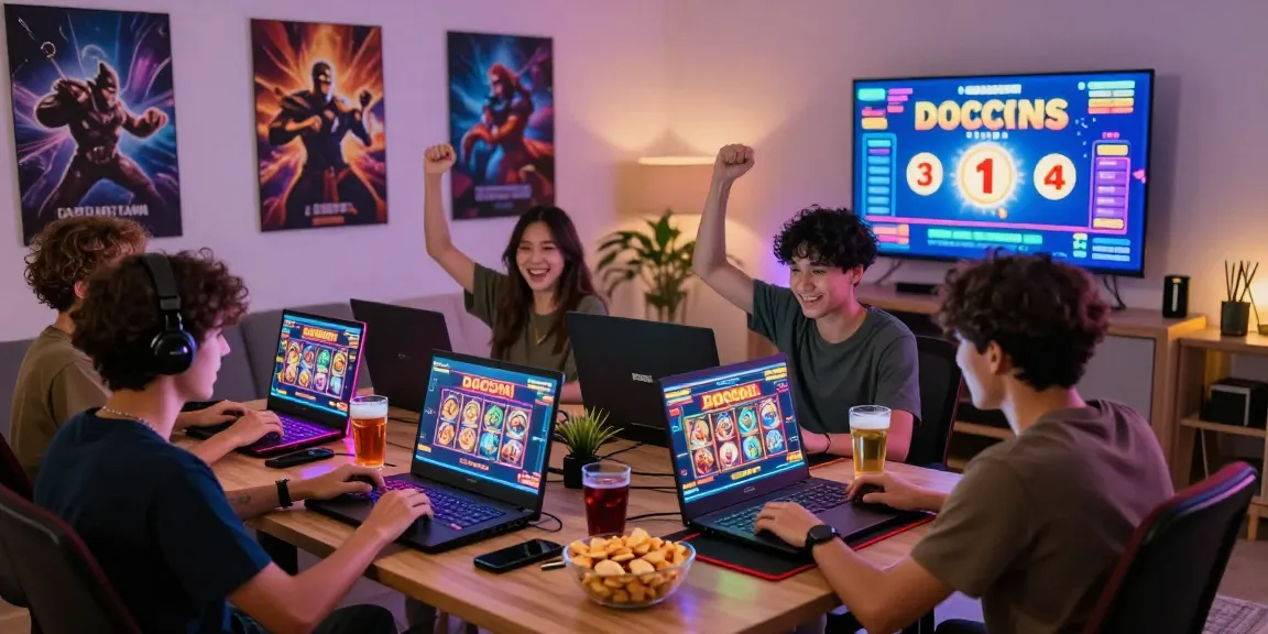 Permainan slot gacor dengan teman-teman bersemangat di ruang tamu modern