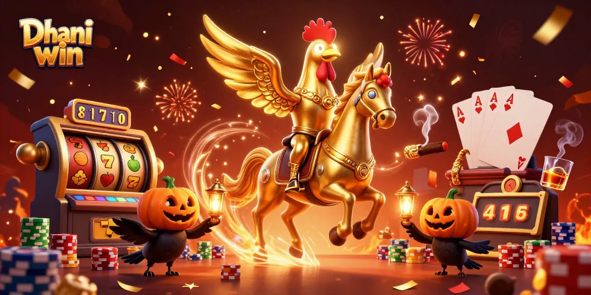 Dhani win offers exciting slot gameplay featuring vibrant golden rooster and festive casino elements.