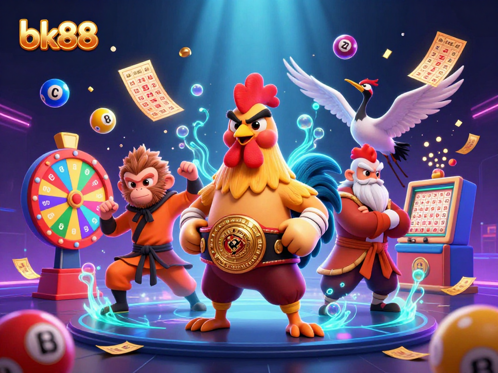 Experience lively betting excitement with bk88 as cartoon martial artists celebrate dynamic gambling elements.