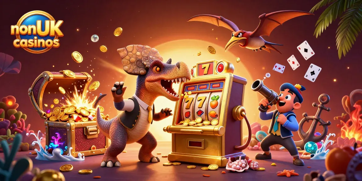 A dynamic scene showing non UK casinos with dinosaur characters and elements related to slots, presenting a vibrant casino atmosphere.