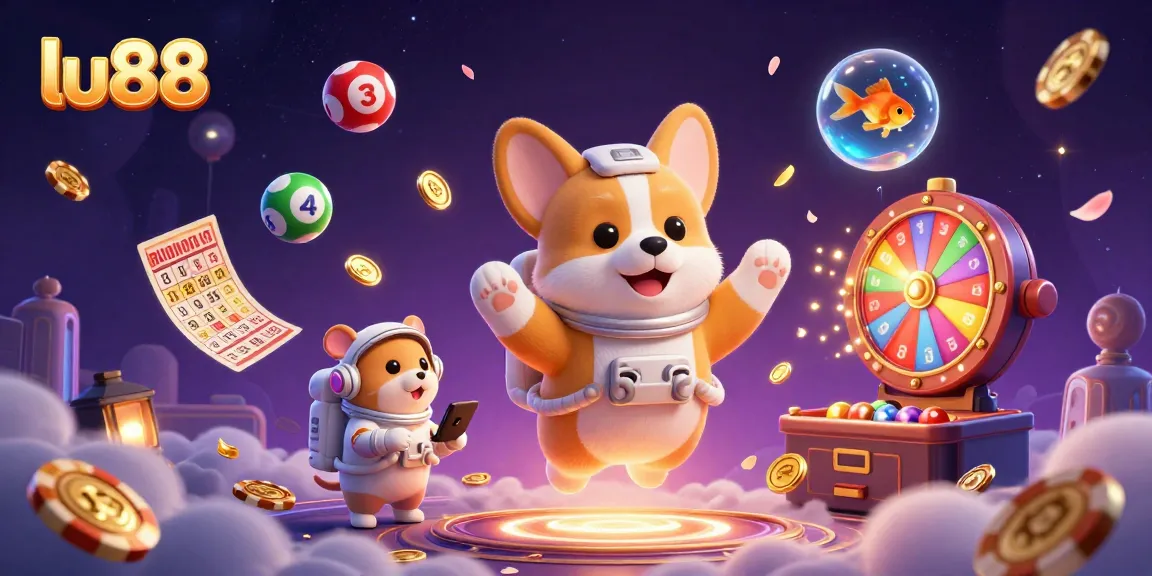 Experience thrilling gameplay at lu88, featuring a floating astronaut corgi in a casino filled with vibrant lottery balls and golden coins.