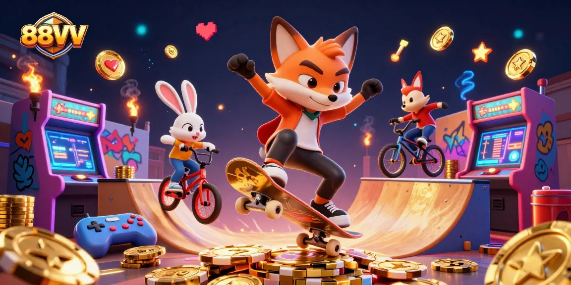 88VV gamers enjoy a thrilling kickflip scene with vibrant casino elements in a digital illustration.