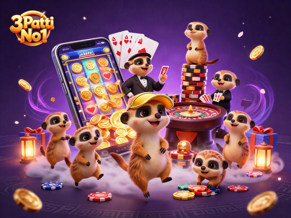 3 Patti No1 brings excitement with meerkats managing a casino amidst vibrant game elements and rich visuals.
