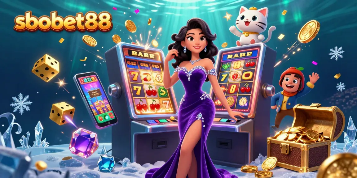 Win big at sbobet88 with the stunning jackpot slot machine and lucky symbols in a vibrant illustration.