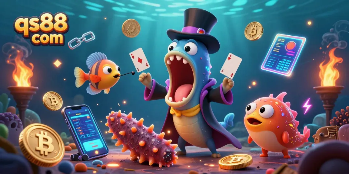 Join the action at qs88 com with a vibrant 3D illustration of a deep-sea casino magic performance.