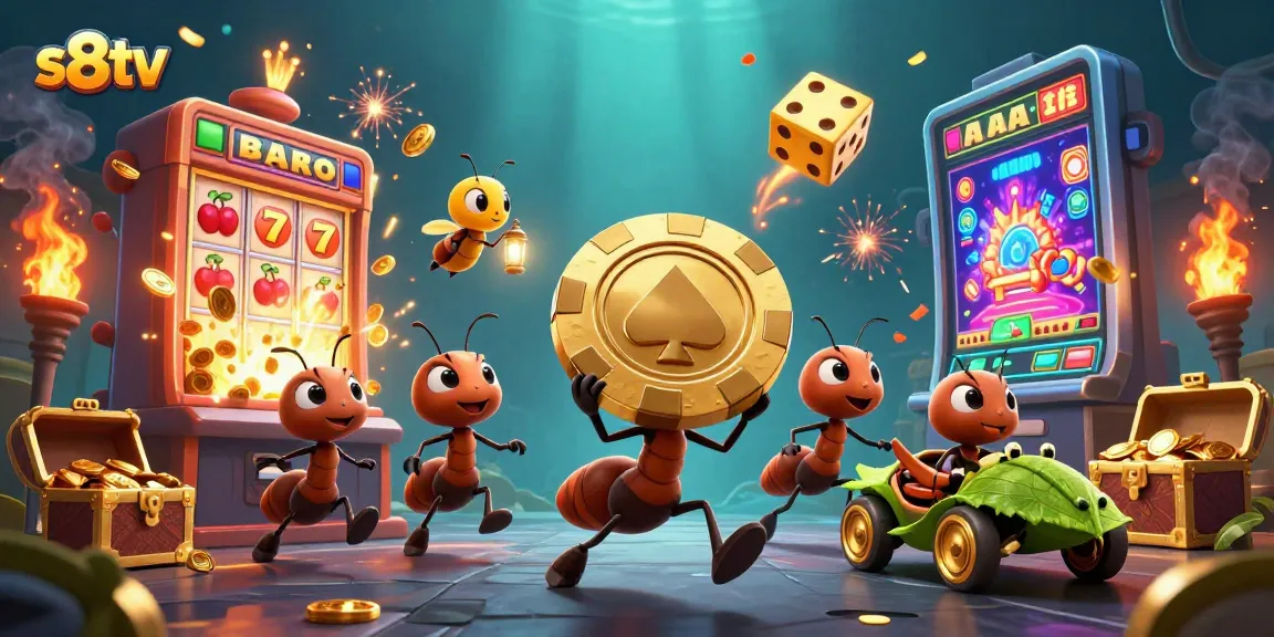S8TV showcases ants daringly transporting a giant poker chip amid a vibrant, action-packed casino scene.