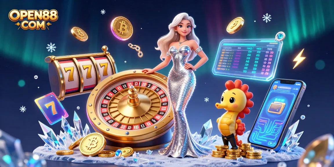 Engage with vibrant casino experiences using OPEN88 COM, illustrated with a stunning 3D scene of roulette and slot symbols.