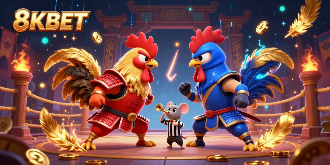 Engage in thrilling battles at 8KBET with vibrant cartoon roosters and dynamic gaming elements.