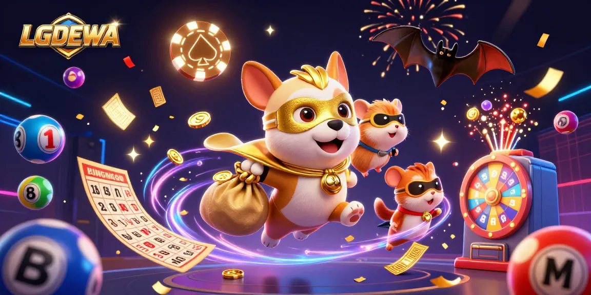 Engage with LGODEWA's vibrant world of online slots, featuring a heroic dog amidst colorful gaming elements.
