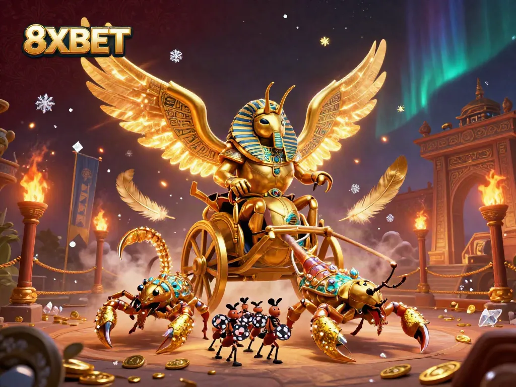 Experience thrilling action with the colossal scarab beetle symbolizing 8XBET's excitement in the casino.