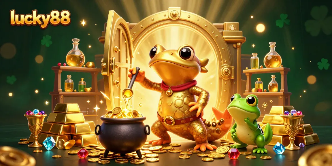 Experience thrilling gaming at lucky88 with a golden salamander alchemist, vibrant coins, and magical elements.