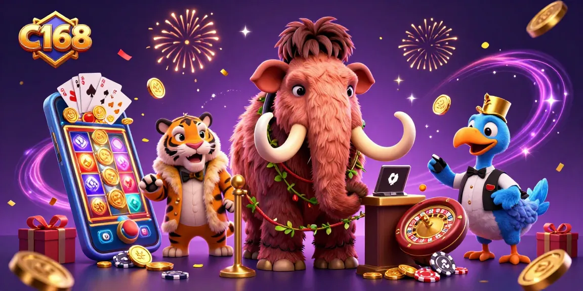 Experience C168 with a dynamic 3D illustration featuring colorful casino elements and characters.