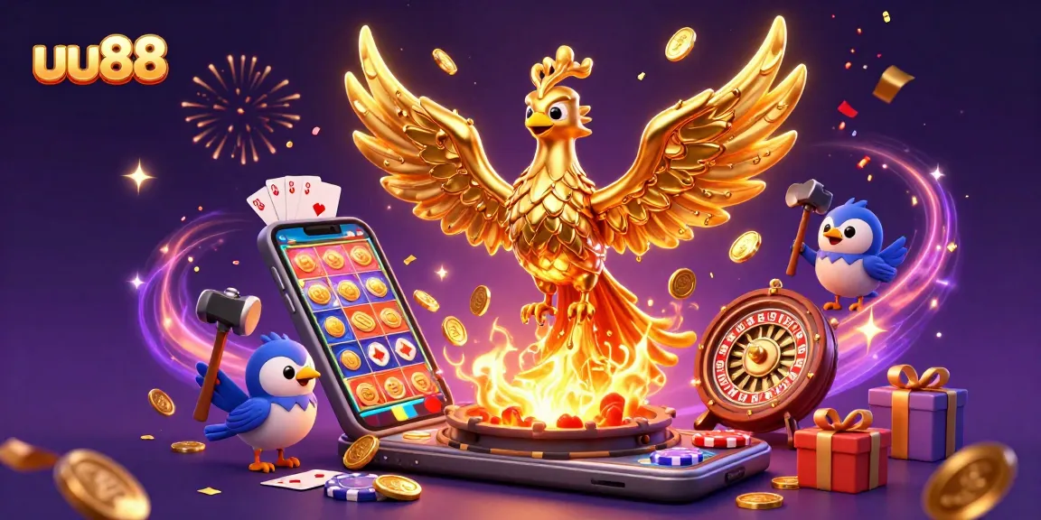 Experience the thrilling wins of uu88 with a golden phoenix and vibrant casino games around it.