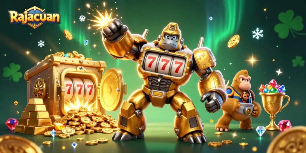 Experience winning excitement with Rajacuan's golden gorilla mech amidst treasures and casino elements.