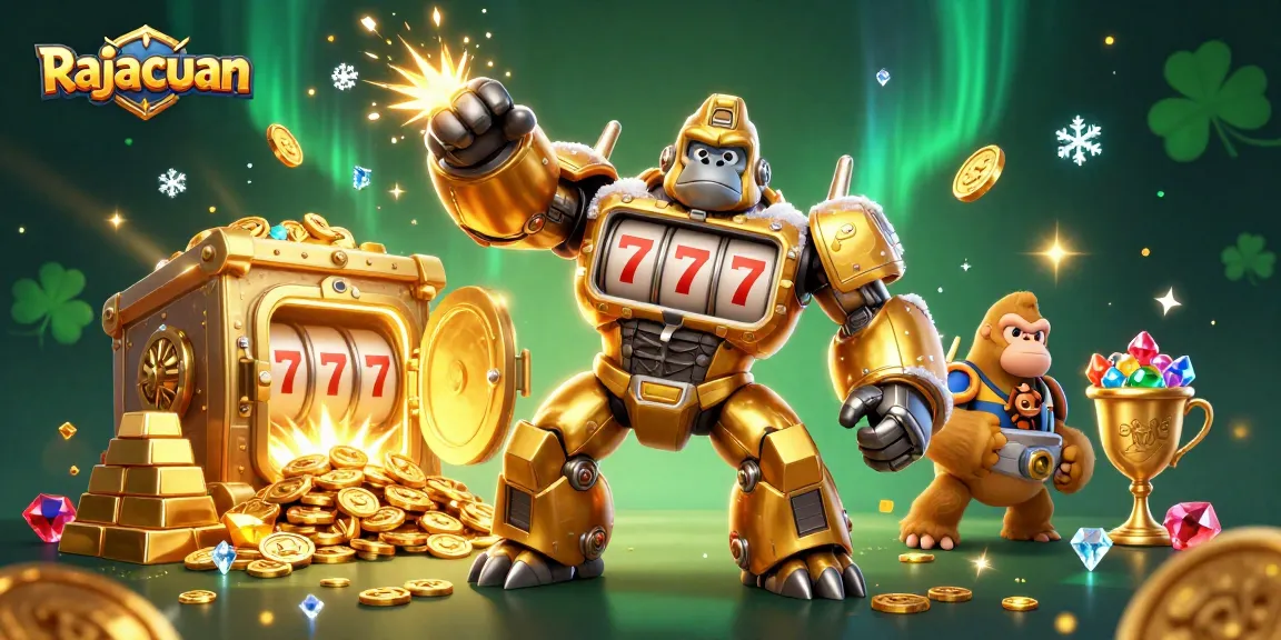 Experience winning excitement with Rajacuan's golden gorilla mech amidst treasures and casino elements.