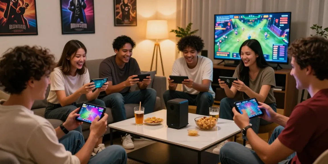 Friends enjoying an exciting pajaktoto online gaming session in a cozy living room.