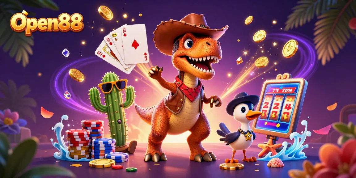 Open88 evokes excitement with a dazzling scene featuring dynamic gaming elements and lively characters.