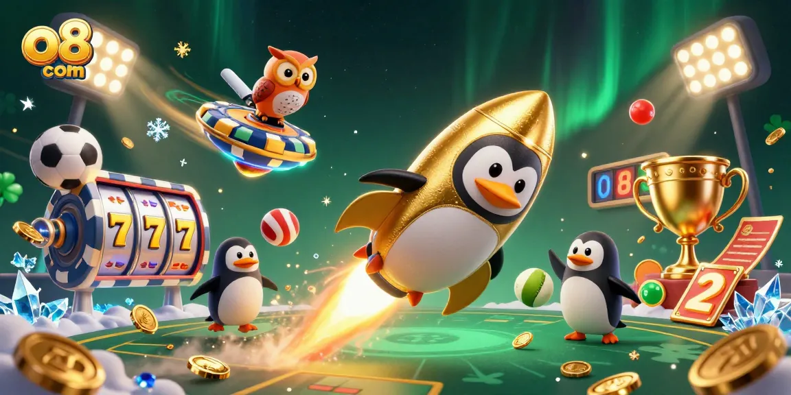 Experience thrilling gaming adventures at o8 com with a golden penguin soaring through a vibrant casino universe.