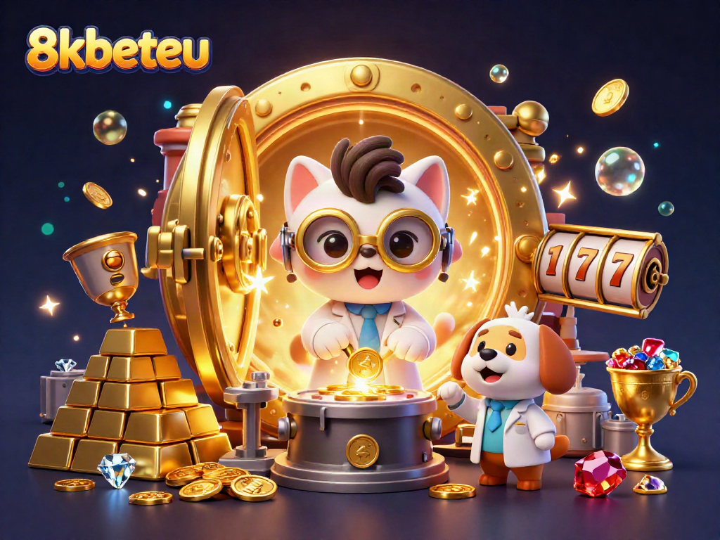 Join the excitement at 8kbeteu with the mad scientist cat and loyal dog amidst gold and jackpots!