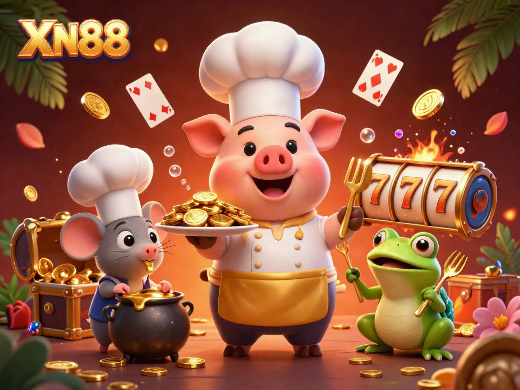Join the fun at XN88 with a vibrant casino scene featuring a chef pig and abundant gold coins.