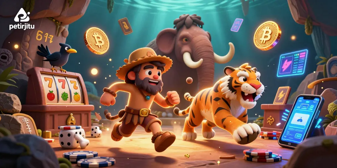 Petirjitu menampilkan kasino prasejarah dengan chip poker batu dan dadu tulang, dikelilingi simbol slot dan koin kripto.