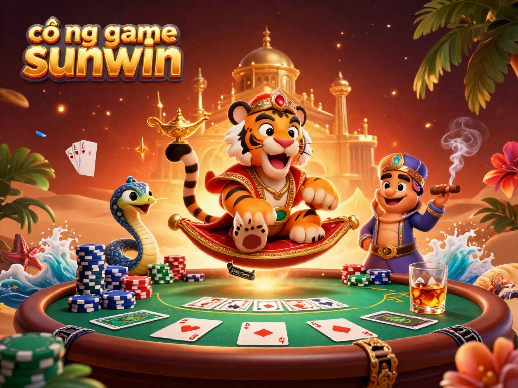 Engage in "cổng game sunwin" with a vibrant casino scene featuring a sultan and golden palace.