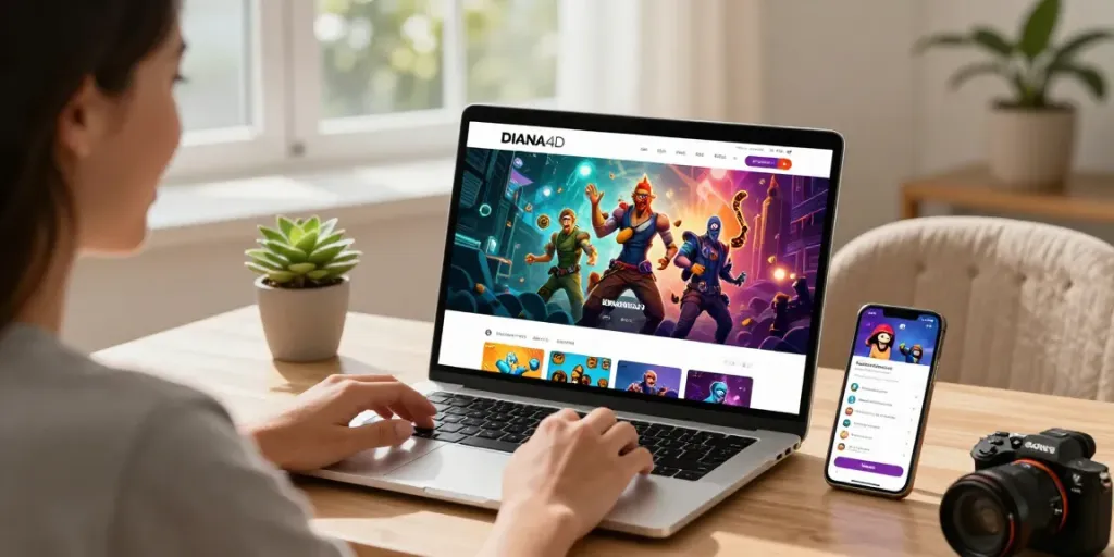 Pengguna menikmati akses DIANA4D untuk permainan online di laptop, suasana nyaman dengan pencahayaan yang menarik.