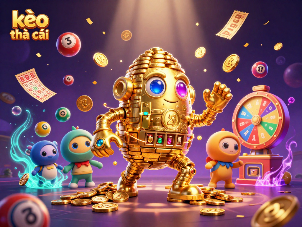 Experience the excitement of kèo nhà cái with a vibrant scene showing a golden golem surrounded by lottery elements and falling coins.